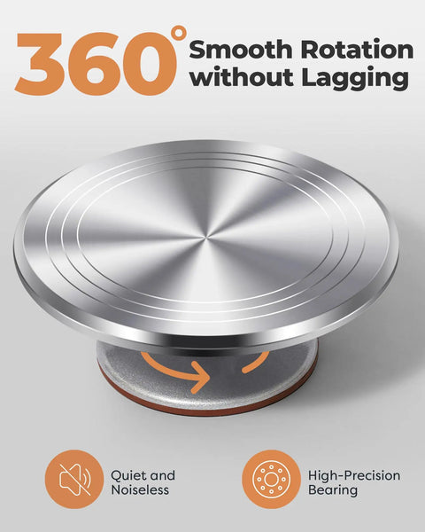 Aluminum Cake Turntable Set With Revolving 12 Inch Cake Stand For Decorating on a tabletop, showing smooth rotation.