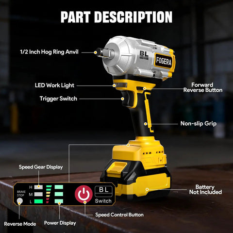 Half Inch Cordless Impact Wrench For 20V Battery System, Delivers 1100 Ft Lbs Torque, Wireless Power, Battery Not Included, Perfect For Auto Repairs, Tire Changes, And Heavy Duty Fastening, showing 1/2-inch drive