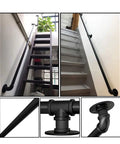 Built Rock Solid Black Wrought Iron Stair Handrail with galvanized pipe, showing installation on indoor stairs and detailed fittings.
