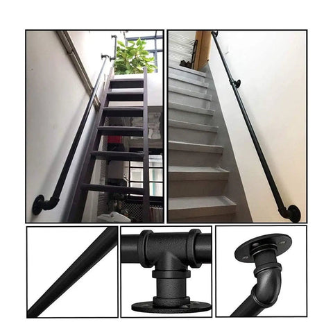 Built Rock Solid Black Wrought Iron Stair Handrail with galvanized pipe, showing installation on indoor stairs and detailed fittings.