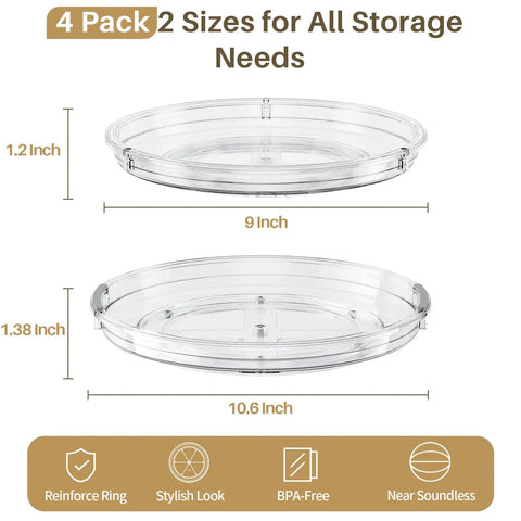 Smooth As Butter 4 Pack Lazy Susan Turntables, 9 inch and 10.6 inch, clear plastic, perfect for kitchen storage.