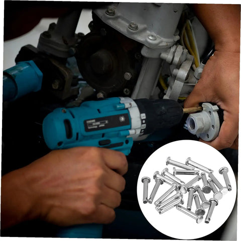 Mechanic using drill with 20 Piece Stainless Steel Flat Head Clevis Pin Kit For DIY Locating Fasteners Rust Resistant Built Tough Fixing Tools.