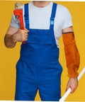 Heavy Duty Cowhide Welding Arm Sleeves Heat Resistant Flame Retardant Full Coverage Arm Protectors worn by mechanic holding tools.
