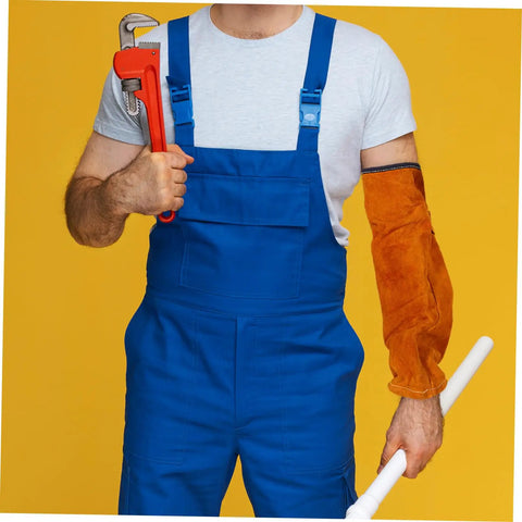 Heavy Duty Cowhide Welding Arm Sleeves Heat Resistant Flame Retardant Full Coverage Arm Protectors worn by mechanic holding tools.