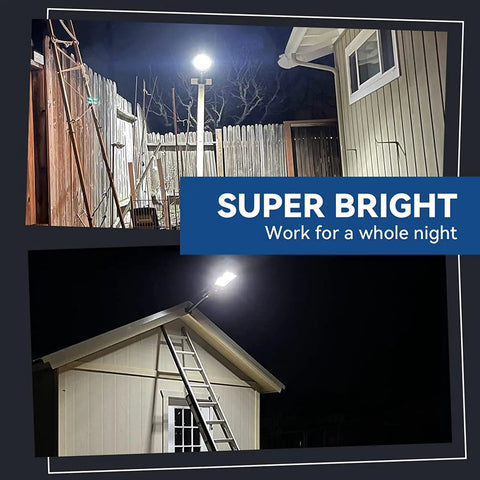 Ultra Bright Solar Street Light With 240 LEDs And 18000mAh Battery illuminating yard and garage at night