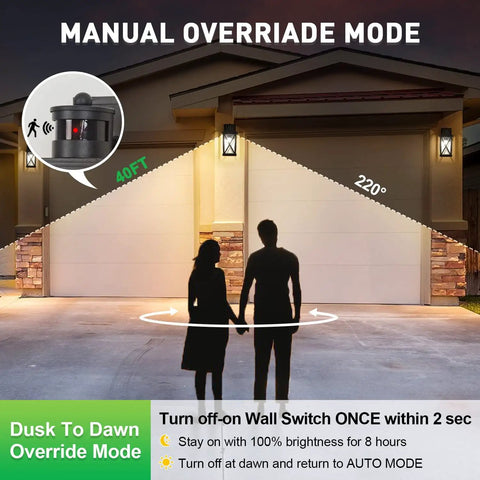 Illustration of 2 Pack Outdoor Wall Lanterns With Motion Sensor And Dusk To Dawn, Matte Black Sconces, PIR 40ft range, 220° angle.