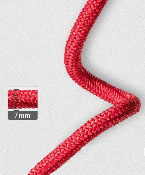 Close-up of red durable nylon rope of 16 Ft Jump Rope for Kids With Adjustable Length, highlighting 7mm thickness.