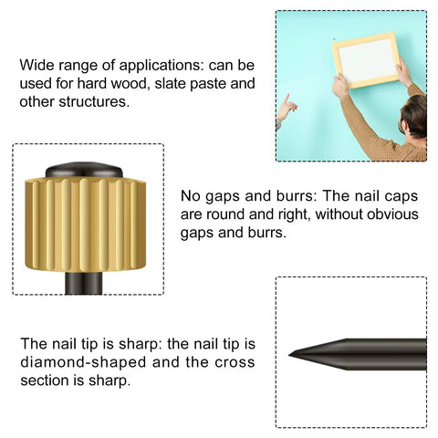100 Pieces Picture Hanging Nails Set 0.16 x 0.98 Inch Wall Hanger Nails For Drywall Holds 5-30 Lbs with close-up on sharp tips