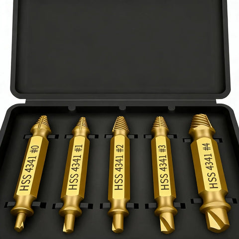 6 Piece Damaged Screw Extractor Set With HSS Drill Bits for Removing Stripped, Broken, Frozen and Rusted Screws in case
