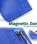 Close-up of blue heat resistant soldering mat with storage slots, built-in ruler, magnetic zone, PCB slot, for DIY and electronics use.