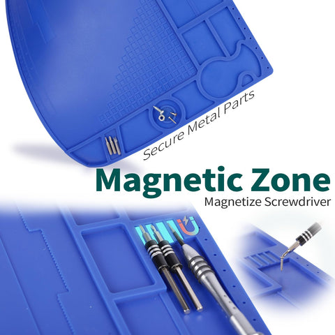 Close-up of blue heat resistant soldering mat with storage slots, built-in ruler, magnetic zone, PCB slot, for DIY and electronics use.