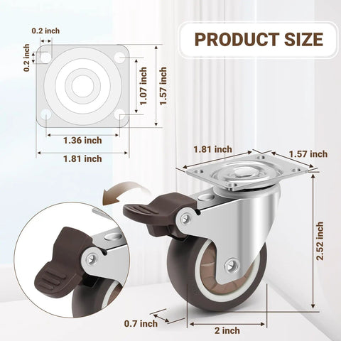 2 Inch Quiet Rubber Caster Wheels With Locking Brakes Set Of 4 Heavy Duty Ball Bearing Plate Swivel Castors showing size diagram
