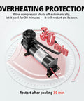 Heavy Duty 200 Psi Onboard Air Compressor For Cars And Trucks showing overheating protection feature with a cooling timer.
