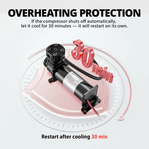 Heavy Duty 200 Psi Onboard Air Compressor For Cars And Trucks showing overheating protection feature with a cooling timer.