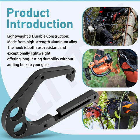 Aluminum Tree Climbing Hook With One Hand Operation And Open Design, shown with chainsaw and harness use