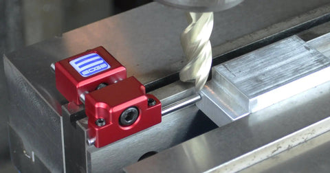 Premium Industrial Milling Vise Jaw Stop With Hardcore Hardened Work Pin showing side adjustment on CNC milling machine