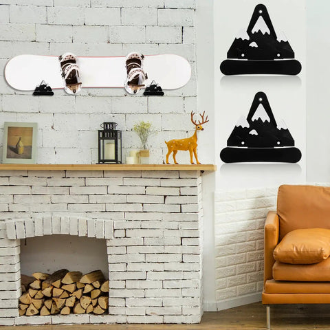 Sturdy Snowboard Wall Mount Racks Hold Four Boards Securely for Garage or Bedroom Displays with Heavy Duty ABS Holders and Skateboard Storage Hooks to Keep Your Shred Game Strong and Clutter Free mounted with a white snowboard.