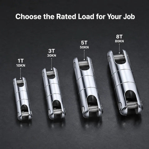 Heavy Duty 1 To 8 Ton Swivel Cable Puller With Bearing Links showing load ratings and sizes from 1T to 8T in stainless steel.