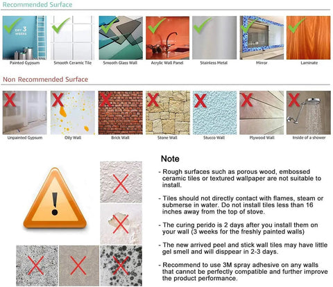 Recommended and non-recommended surfaces for Peel And Stick Subway Tile Backsplash Kit 10 Sheets 13x12 Ice Green Marble Look.