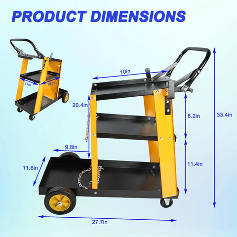 Heavy Duty Multi-Function Welder Trolley For Mig Tig Arc Plasma Cutter With Four Drawer Chest And Safety Chains Moves Effortlessly Across Workshop Floors No Sweat product dimensions display with measurements.