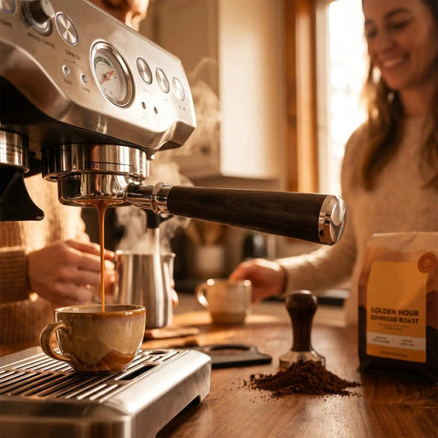 54mm Bottomless Espresso Portafilter With Three Ear Design for Breville and Sage machines in use with espresso flowing.