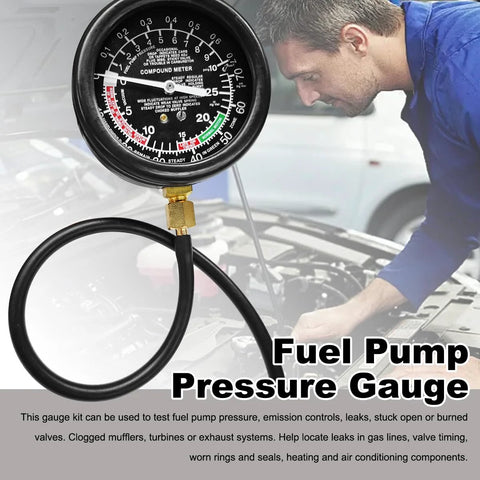 Front view of DXNQ fuel pump pressure gauge with black dial, brass connector and hose for automotive fuel testing