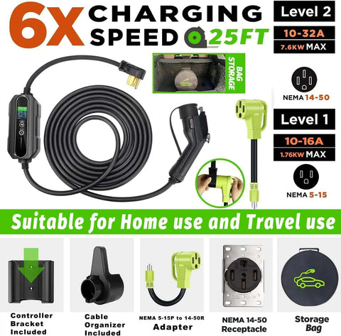 Portable Level One And Level Two EV Charger With 25 Foot Cable 110-240V Input SAE J1772 Plug NEMA 14-50P Adapter