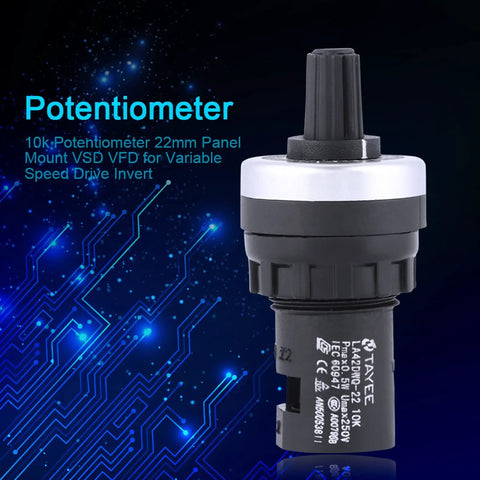 Two Pack Panel Mount 10K Potentiometer For VSD And VFD Rotary Variable Frequency Drive shown with digital design background
