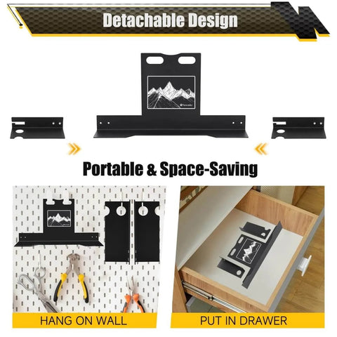 Detachable wheel alignment tool with imperial tape measure and heavy-duty toe alignment plates for DIY automotive use.