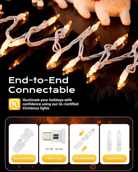 Clear Incandescent Mini Christmas Lights 100-Count On 20 Ft White Wire End-To-End Connectable bulbs with plug and spare parts