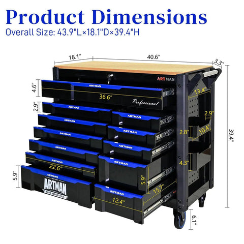 Heavy Duty Rolling Tool Chest With 12 Drawers Mechanic Tool Box On Wheels Beefy Mobile Storage Cabinet And Workbench For Garage Workshop Warehouse And Repair Shop With Solid Wood Top dimensions image