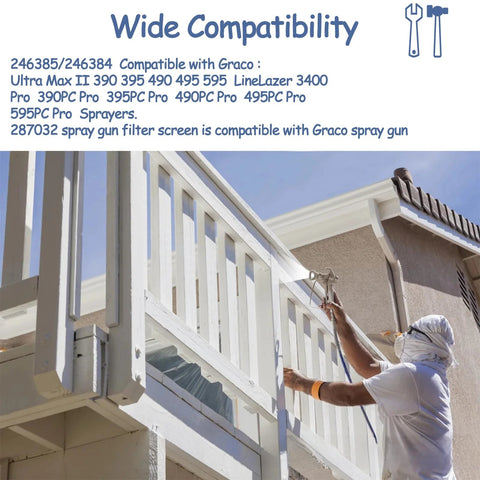 Airless paint sprayer in use painting a white wooden balcony railing.