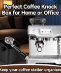 Espresso Knock Box With Large Capacity For Fast Grounds Disposal next to a coffee machine in a home setting