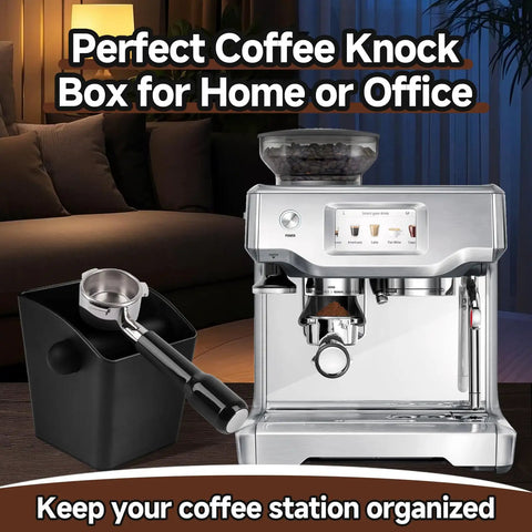 Espresso Knock Box With Large Capacity For Fast Grounds Disposal next to a coffee machine in a home setting