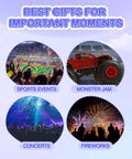 Best gifts for important moments poster with sports events, monster jam, concerts, fireworks images, purple background.
