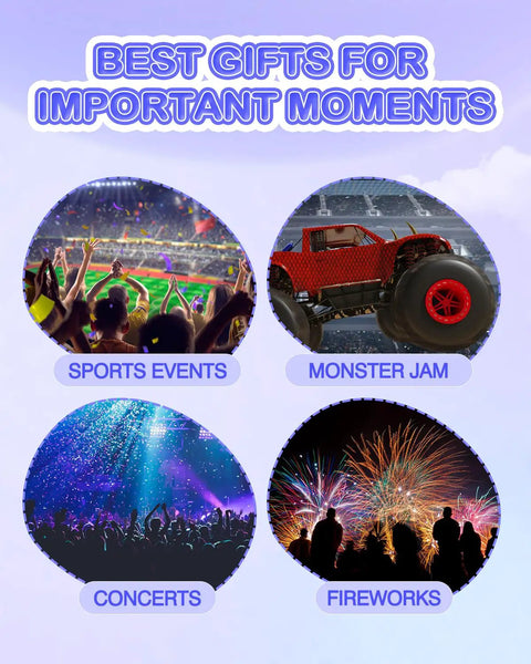 Best gifts for important moments poster with sports events, monster jam, concerts, fireworks images, purple background.