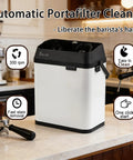 No Sweat Coffee Game Changer Electric Portafilter Cleaner With Knock Box For Home Or Cafe Includes Two 58 Millimeter Scrapers Plus White Cleaning Brush Head on counter.