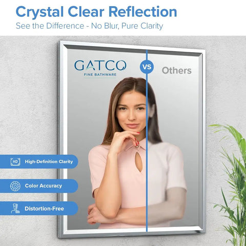 Ultra Slim Beveled Rectangle Slick Chrome Bathroom Wall Mirror 25 Inch By 21 Inch with clear reflection comparison