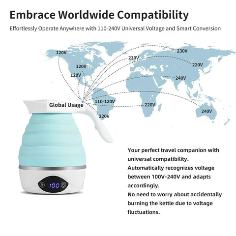 Collapsible Travel Electric Kettle Portable Foldable Water Boiler For Tea And Coffee Dual Voltage 110V 220V 850W BPA Free Silicone Blue