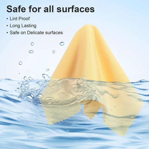 Front view of a yellow microfiber glasses cleaning cloth, 6 by 7 inches, for eyeglasses and screens.