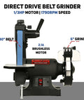 Hardcore Low Speed Bench Grinder Combines One By Thirty Inch Sanding Belt With Six Inch Finishing Disc For Precision Metalwork Knife Crafting And Tool Fix Ups Smooth Handling Shop Beast showing 1x30 belt and 6 inch grinder.