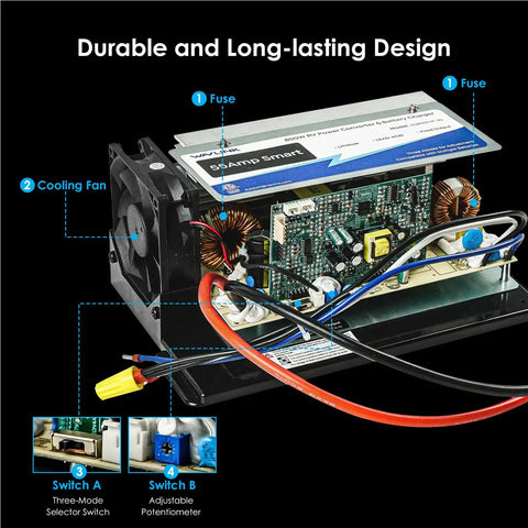 Heavy Duty 55 Amp RV Power Converter 120V AC to 12V DC Battery Charger showing internal components and cooling fan for efficient performance.