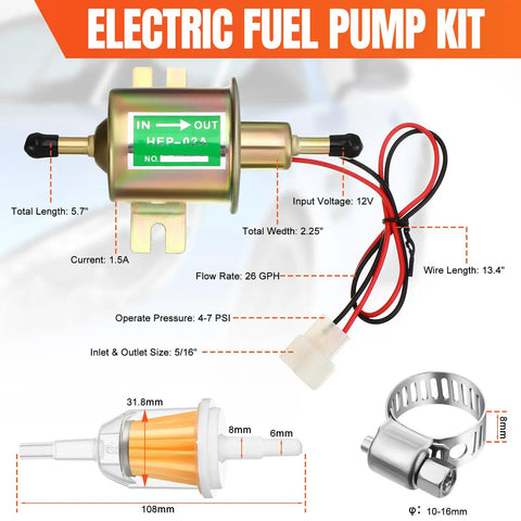 Two Pack 12V Low Pressure Inline Fuel Pump Kit 4 To 7 PSI with filter and hose clamp for lawn mowers and small engines