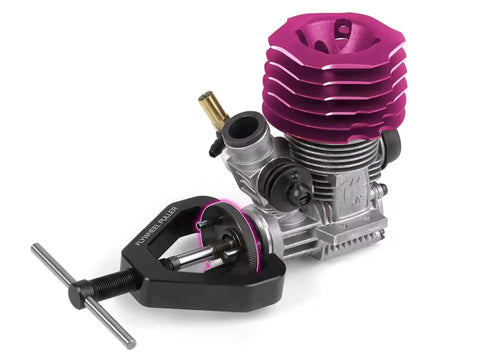 Nitro RC Engine Flywheel Puller Tool for one eighth and one tenth scale off road RC cars with CNC metal wrench attached to engine
