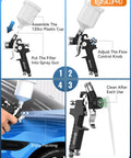 Pro Grade HVLP Paint Sprayer Gun Equipped With Ultra Fine Atomization Nozzles For Effortless House And Automotive Coatings That Delivers Sweet Results Every Single Time showing assembly, operation, and cleaning steps.