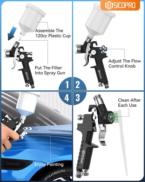 Pro Grade HVLP Paint Sprayer Gun Equipped With Ultra Fine Atomization Nozzles For Effortless House And Automotive Coatings That Delivers Sweet Results Every Single Time showing assembly, operation, and cleaning steps.