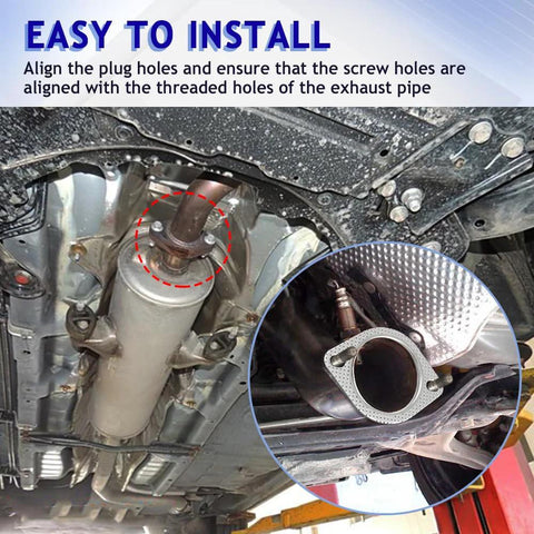 Installed view of 2-pack metal exhaust flange gaskets for universal fit; round gaskets with bolt holes.