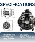 Specifications for Powerful 8 Inch High Velocity Industrial Exhaust Fan With 1035 CFM And 230W Copper Motor Running At 3300 RPM