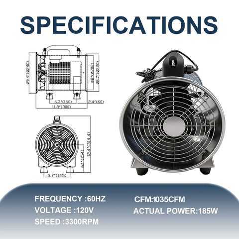Specifications for Powerful 8 Inch High Velocity Industrial Exhaust Fan With 1035 CFM And 230W Copper Motor Running At 3300 RPM