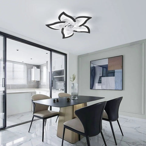 Dining room with Modern Flush Mount Ceiling Fan With Lights LED 3 Color Temperature 6 Speeds 50W 24.4 Inch Ultra Quiet Ceiling Fan